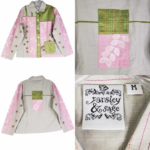Parsley & Sage Button Down Shirt Pink Green Long Sleeve Patchwork Medium New - Picture 1 of 12
